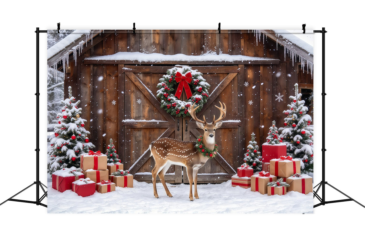 Country Christmas Photo Backdrop Snowy Reindeer Barn Display Reindeer Photo Backdrop GQ69-111