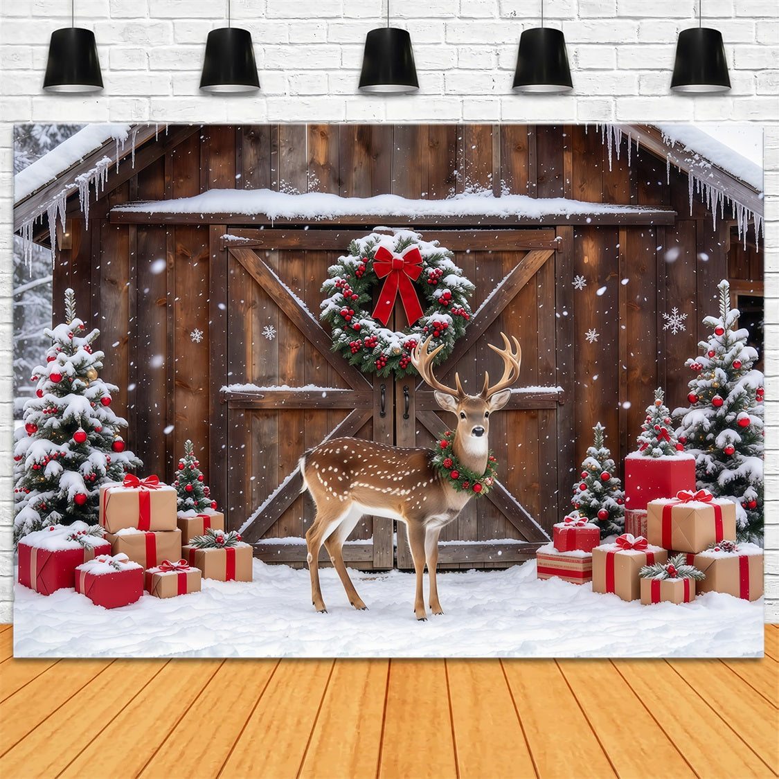 Country Christmas Photo Backdrop Snowy Reindeer Barn Display Reindeer Photo Backdrop GQ69-111