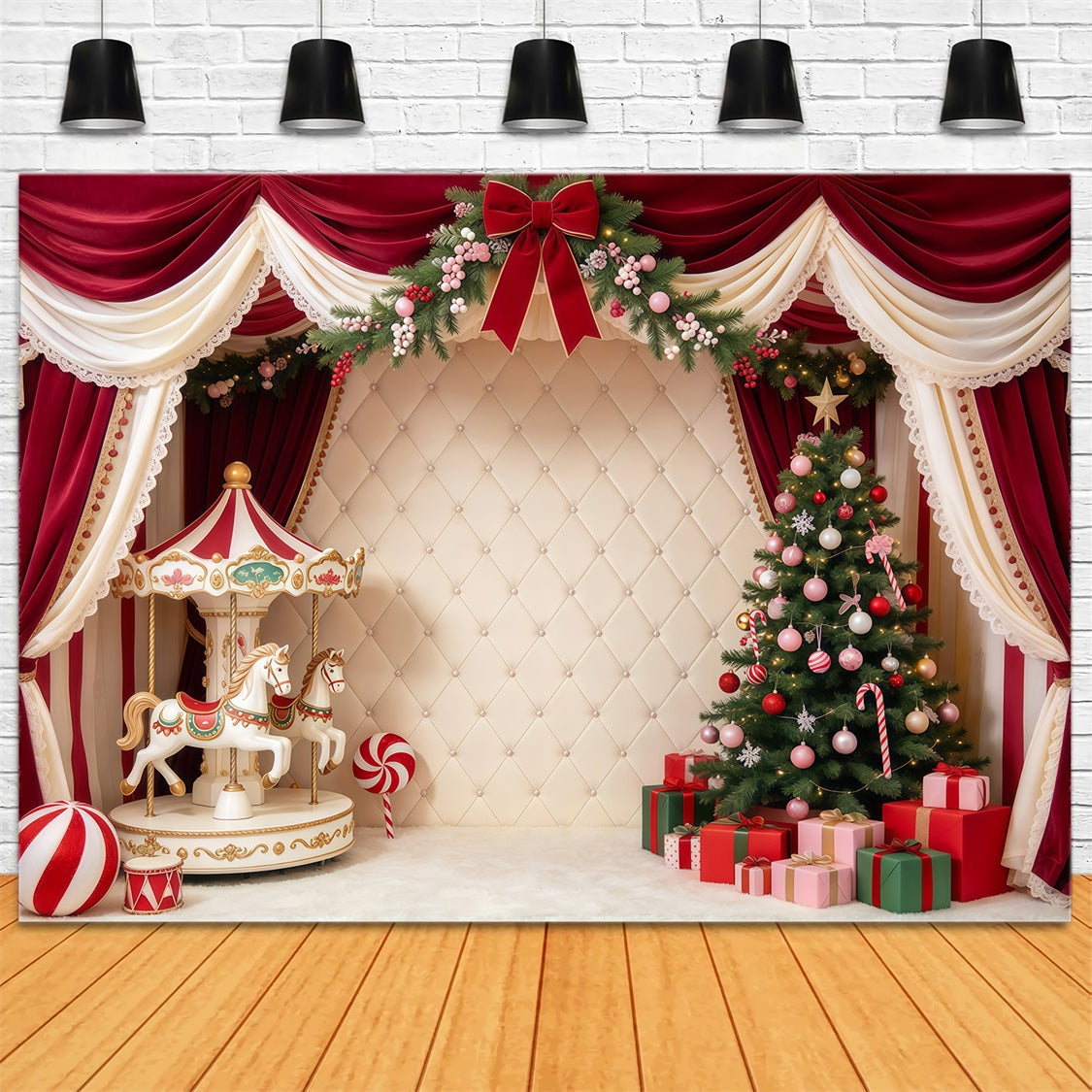 Family Christmas Photo Backdrop Velvet Carousel Tree Cute Christmas Backdrops GQ69-115
