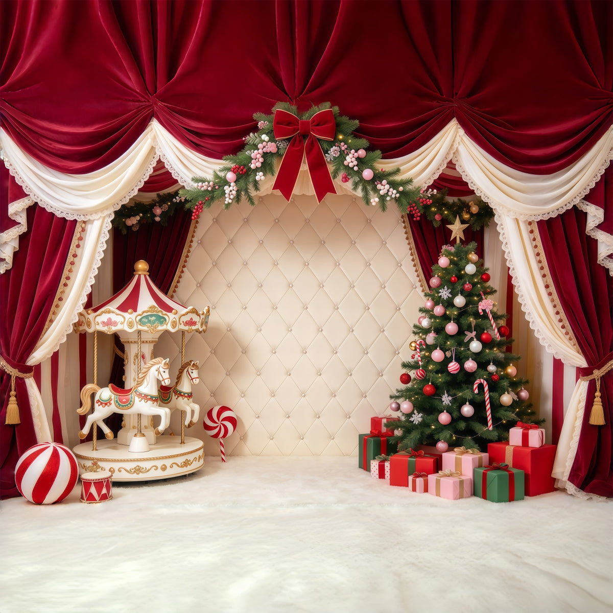 Family Christmas Photo Backdrop Velvet Carousel Tree Cute Christmas Backdrops GQ69-115