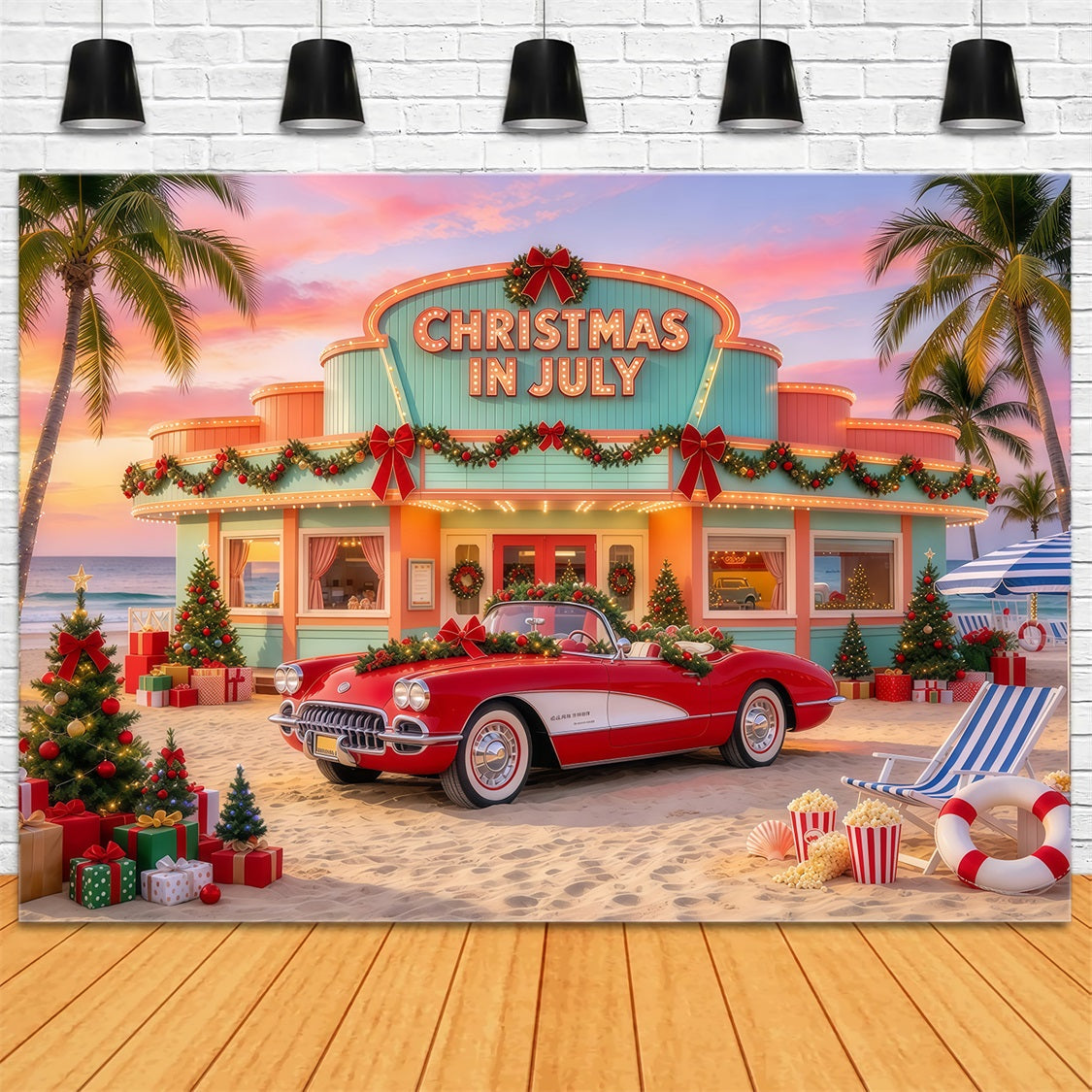 Christmas In July Photo Backdrop Tropical Holiday Car Christmas Tree Wedding Backdrop GQ69-117