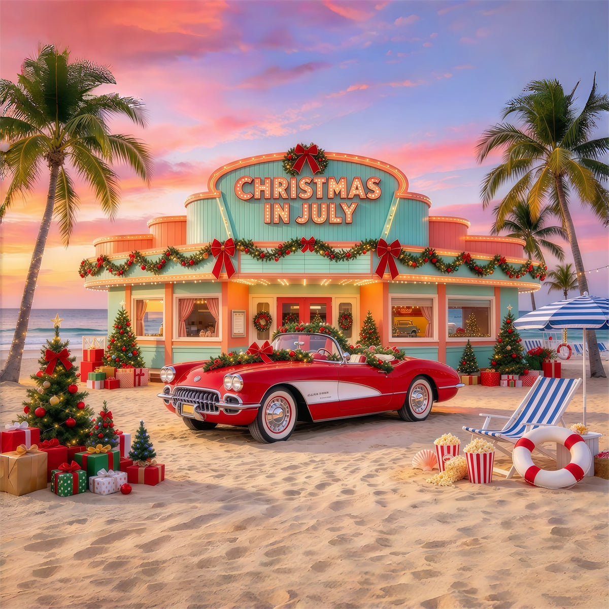 Christmas In July Photo Backdrop Tropical Holiday Car Christmas Tree Wedding Backdrop GQ69-117