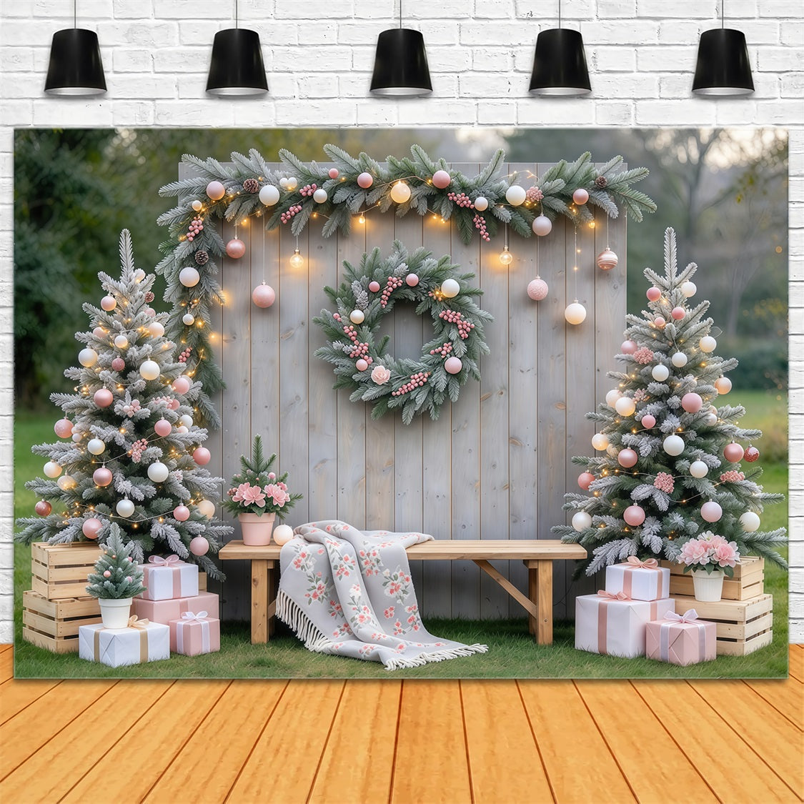 Rustic Christmas Photo Backdrop Blush Ornament Garden Display Family Christmas Backdrop GQ69-119