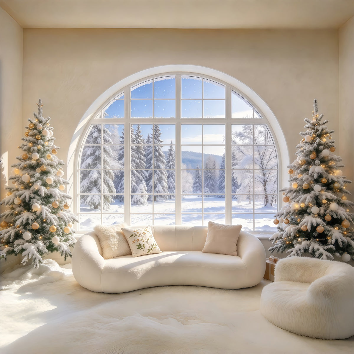 Christmas Couch Backdrop Snowy Arched Window Lounge Christmas Presents Backdrop GQ69-120