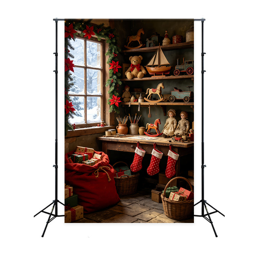 Christmas Cabin Backdrop Vintage Toy Shelf Room Christmas Studio Backdrop GQ69-37