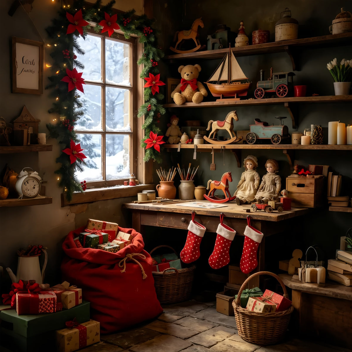 Christmas Cabin Backdrop Vintage Toy Shelf Room Christmas Studio Backdrop GQ69-37