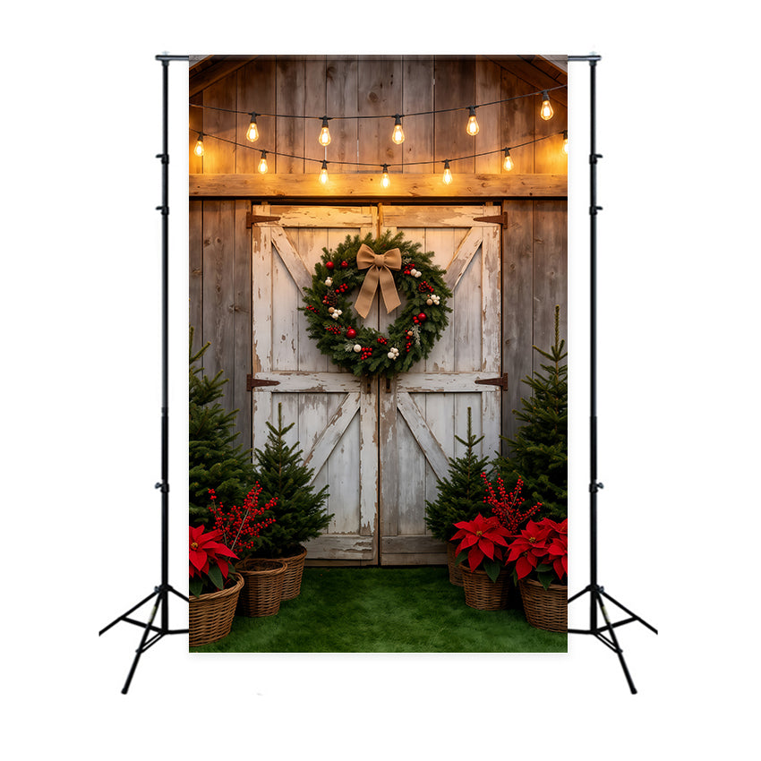 Christmas Tree Farm Backdrop Rustic Barn Door Wreath Photography Backdrop Christmas GQ69-38