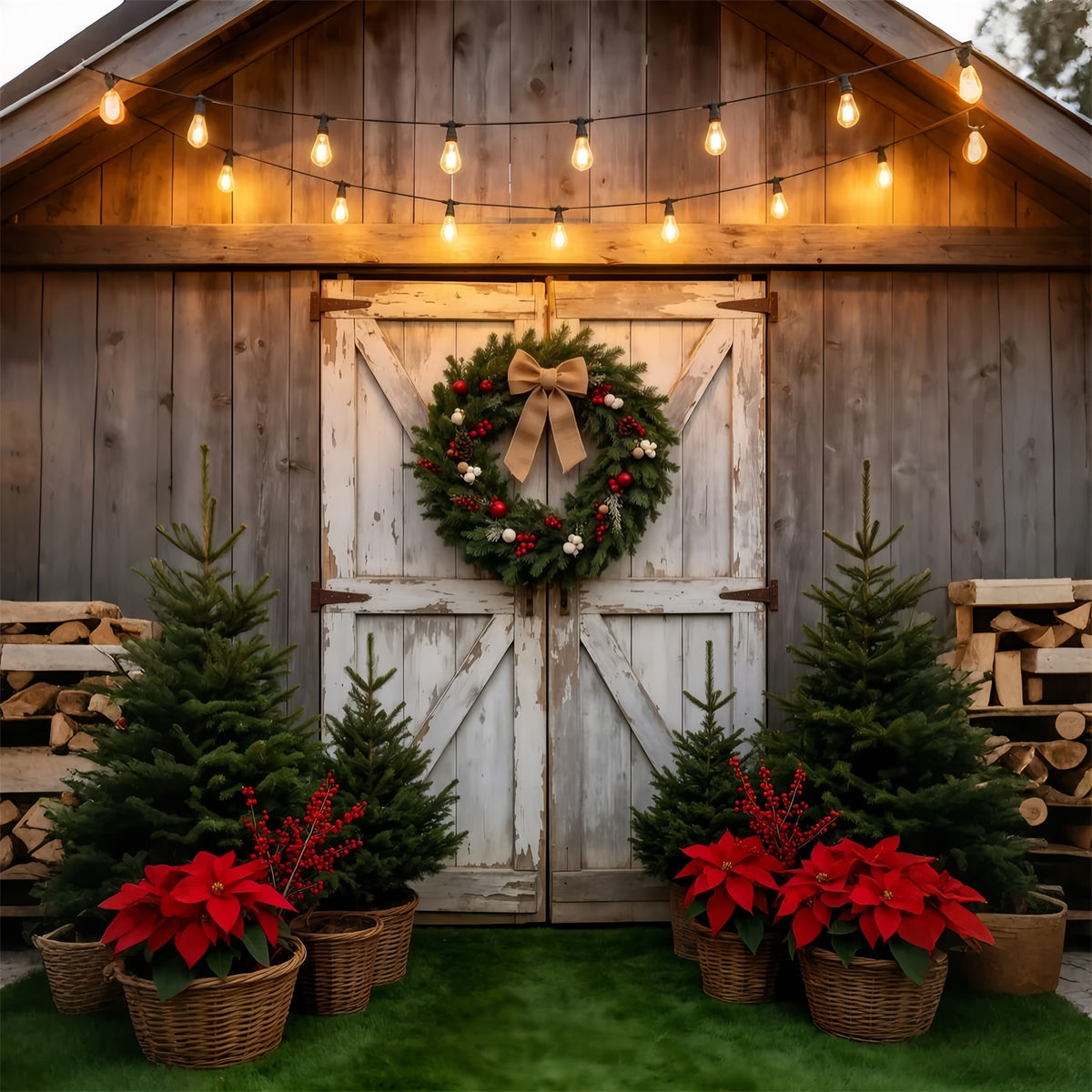 Christmas Tree Farm Backdrop Rustic Barn Door Wreath Photography Backdrop Christmas GQ69-38
