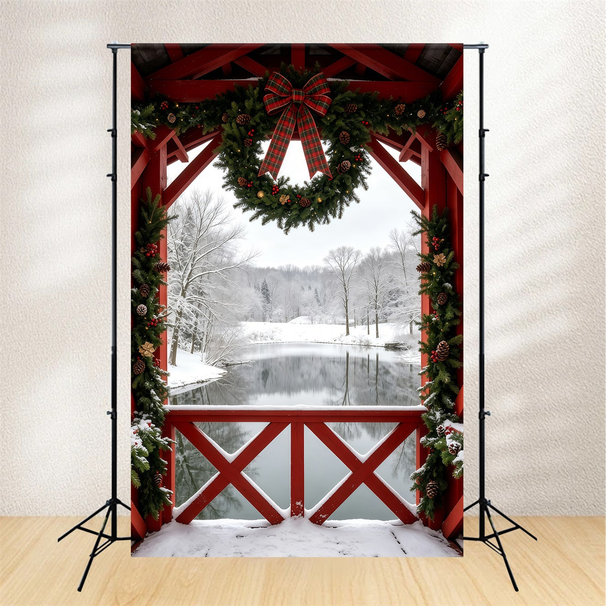 Winter Christmas Backdrop Snowy Barn Wreath View Studio Backdrops Christmas GQ69-40