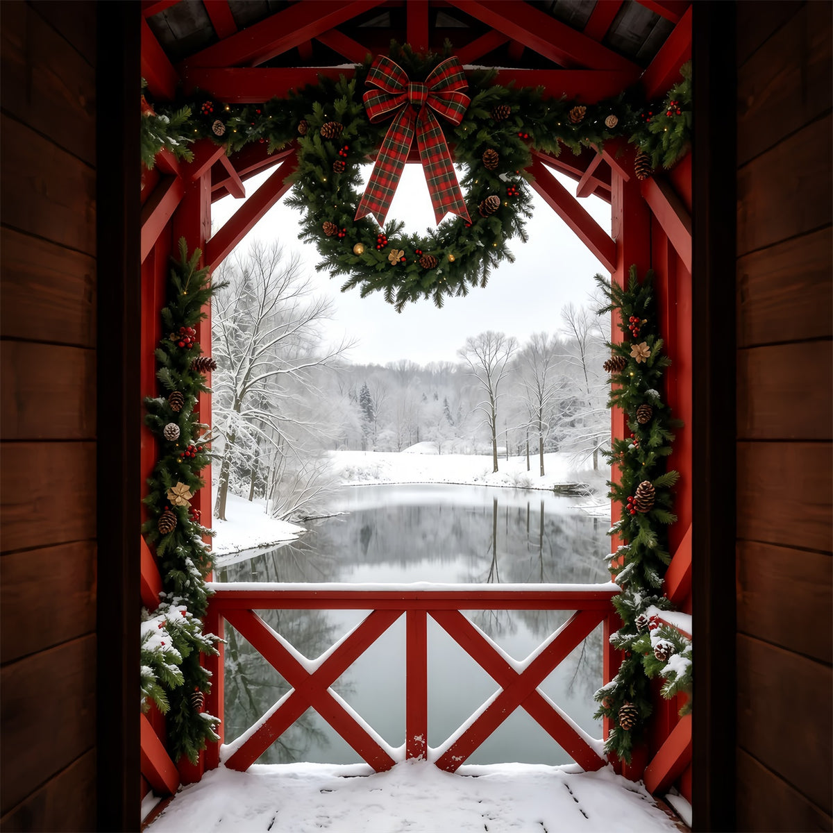 Winter Christmas Backdrop Snowy Barn Wreath View Studio Backdrops Christmas GQ69-40