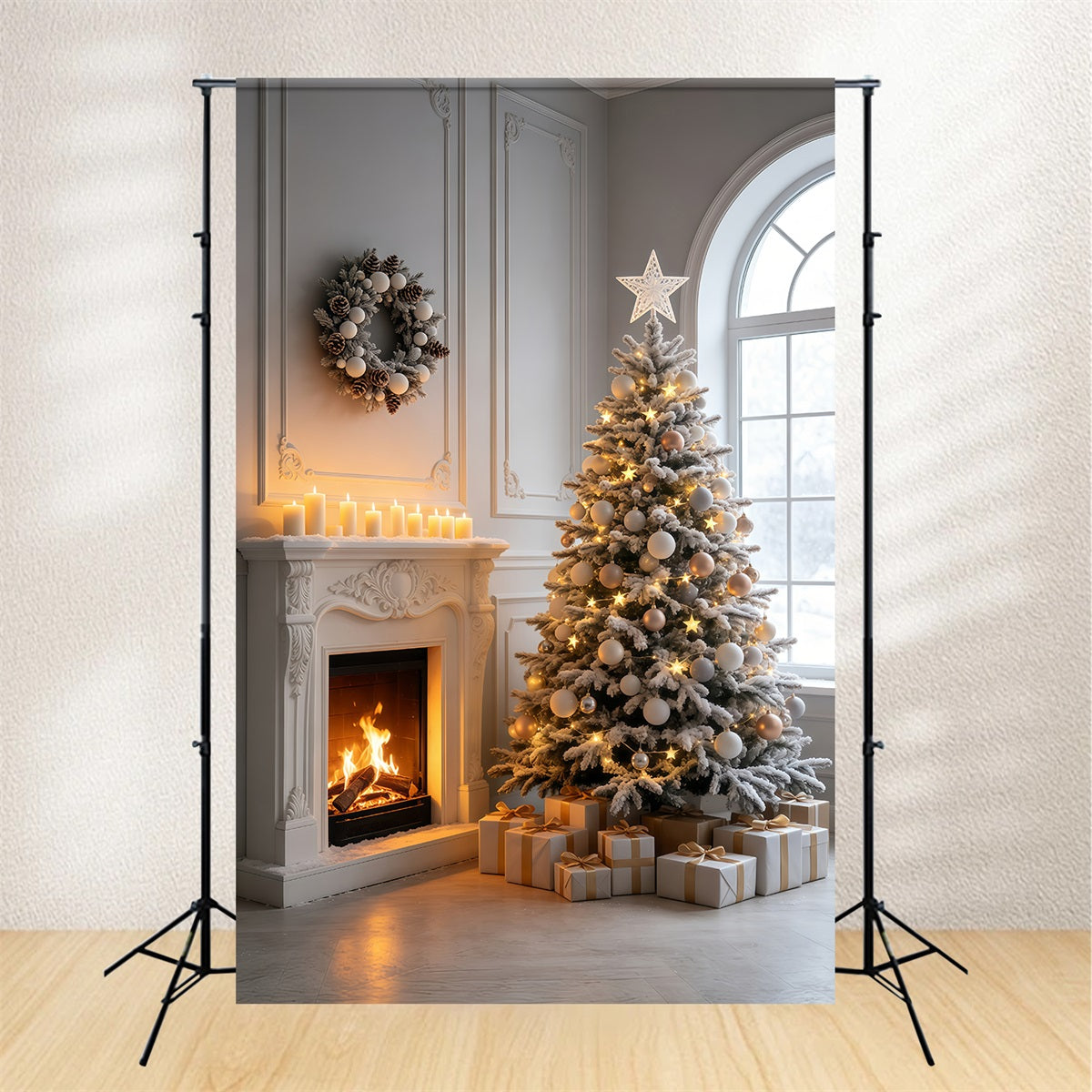 Christmas Scene Backdrop Elegant Fireplace Tree Room Photo Christmas Backdrops GQ69-42