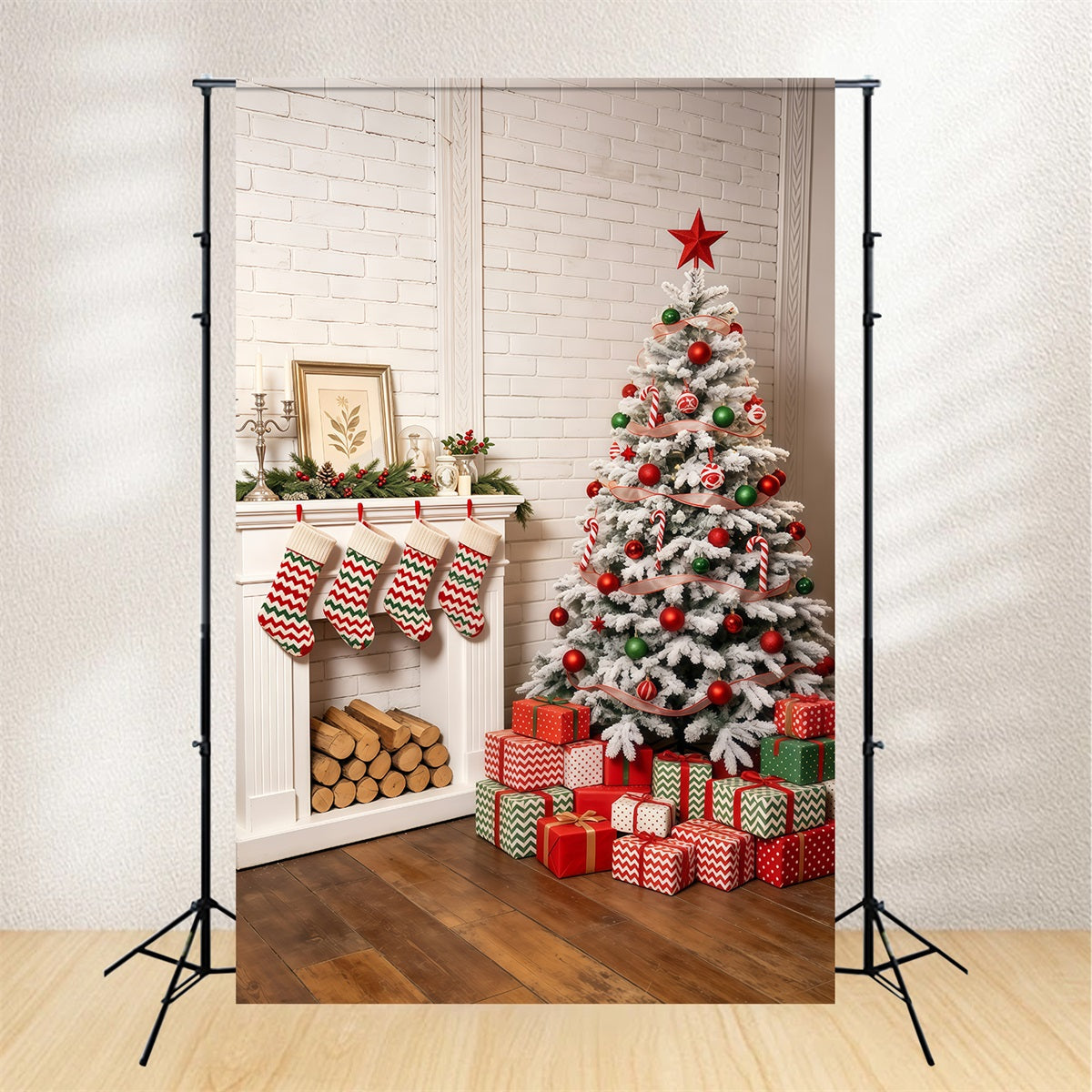 Cozy Christmas Backdrop Green Fireplace Mantel Decor Studio Christmas Backdrop GQ69-44