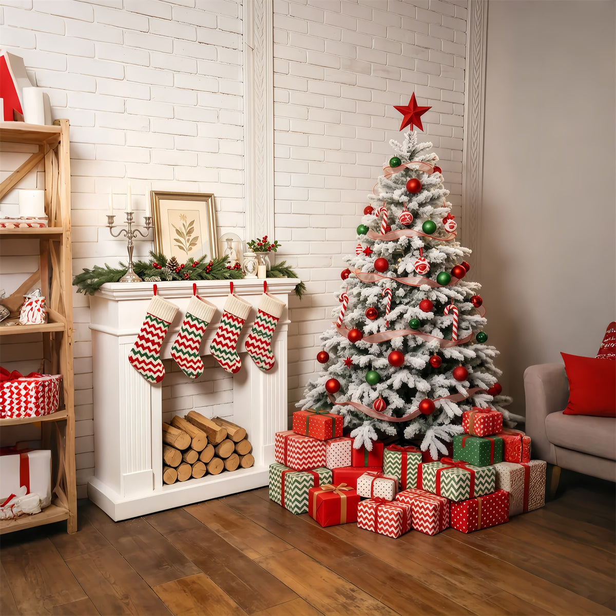 Cozy Christmas Backdrop Green Fireplace Mantel Decor Studio Christmas Backdrop GQ69-44