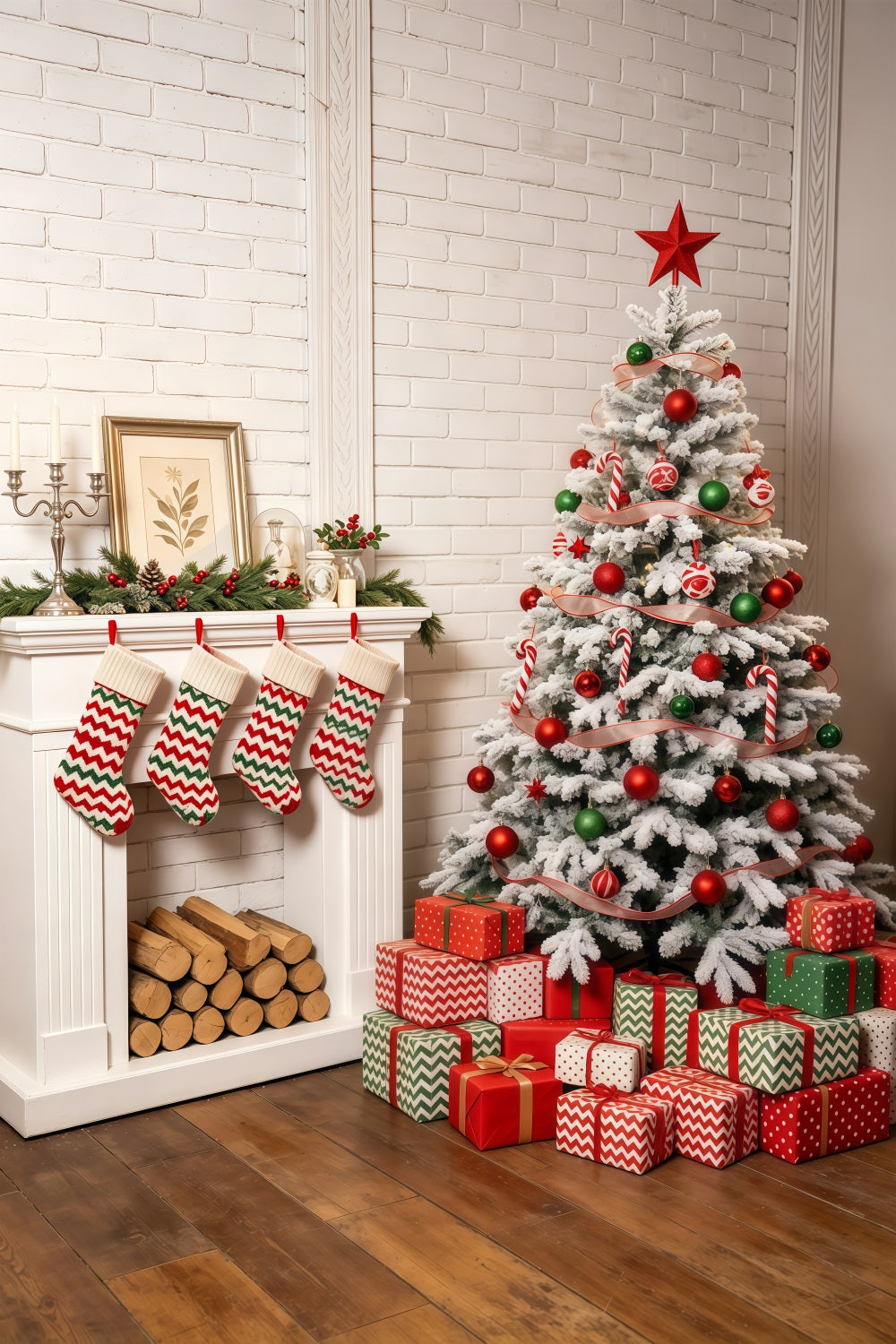 Cozy Christmas Backdrop Green Fireplace Mantel Decor Studio Christmas Backdrop GQ69-44