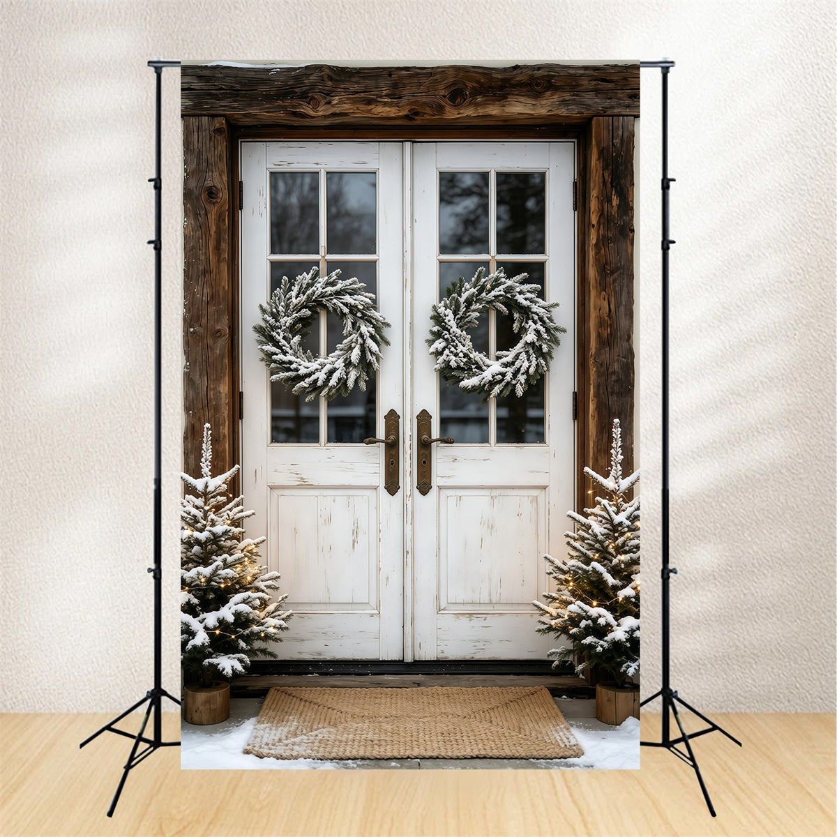 Outdoor Christmas Backdrop Snowy Double Door Wreath Studio Christmas Backdrops GQ69-45