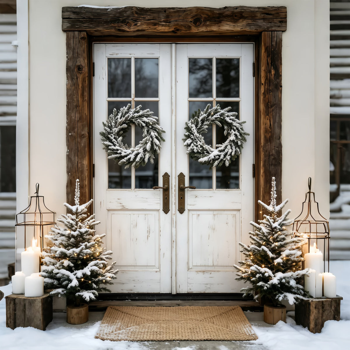 Outdoor Christmas Backdrop Snowy Double Door Wreath Studio Christmas Backdrops GQ69-45