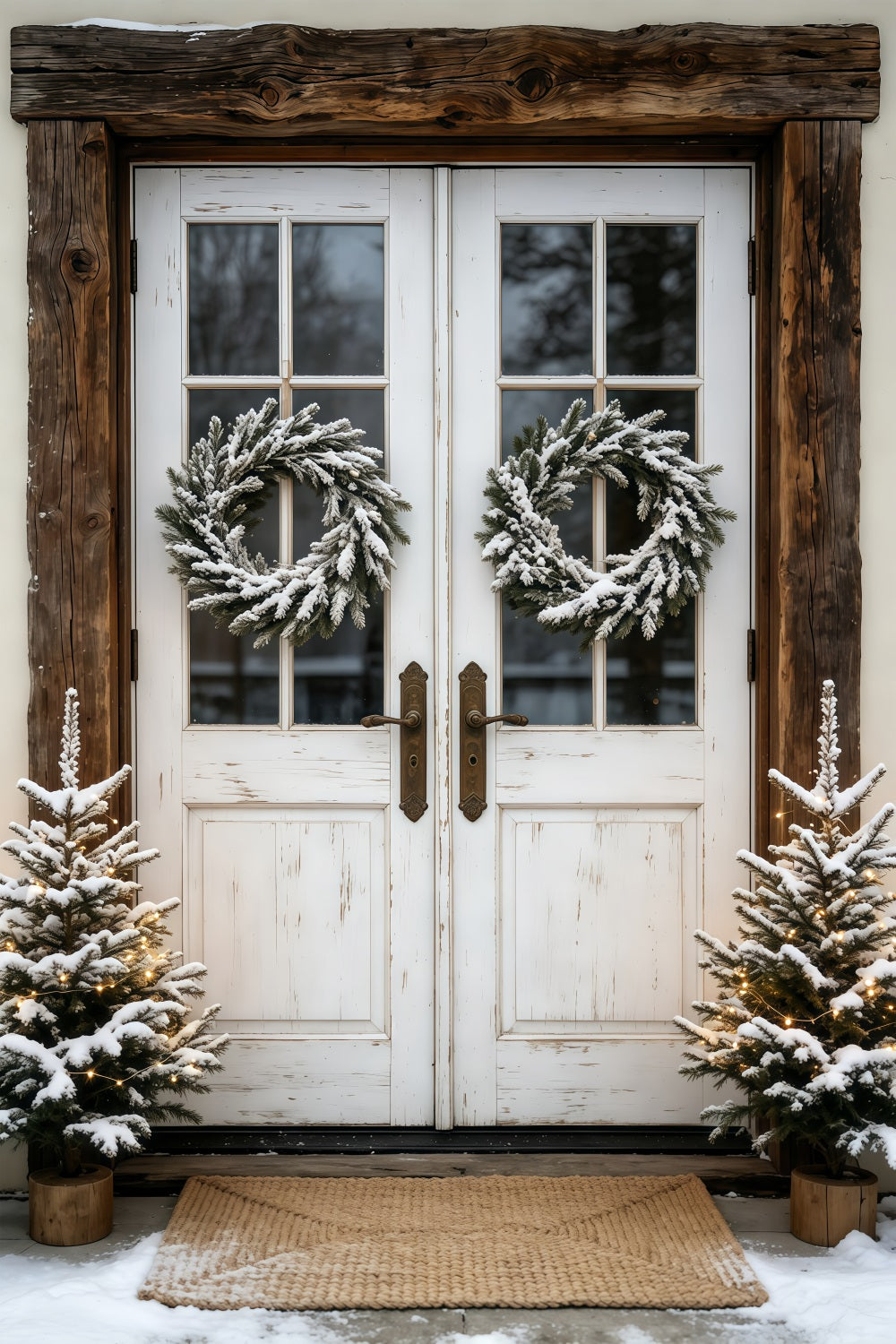 Outdoor Christmas Backdrop Snowy Double Door Wreath Studio Christmas Backdrops GQ69-45