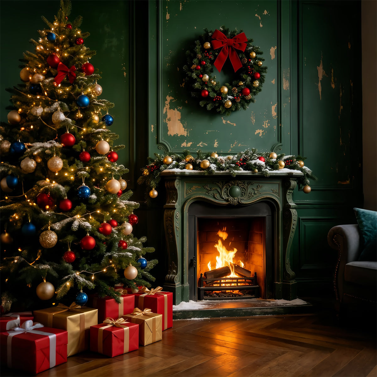 Vintage Christmas Backdrop Green Wood Fireplace Room Wall Christmas Backdrop GQ69-46