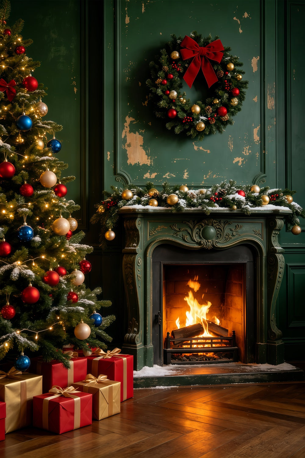 Vintage Christmas Backdrop Green Wood Fireplace Room Wall Christmas Backdrop GQ69-46