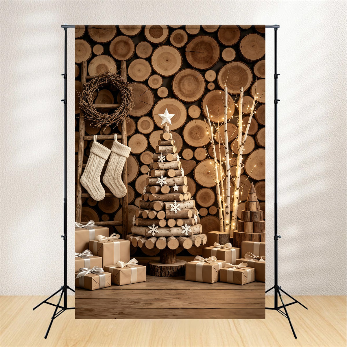 Rustic Christmas Backdrop Wood Log Wall Tree Display Christmas Muslin Backdrop GQ69-47