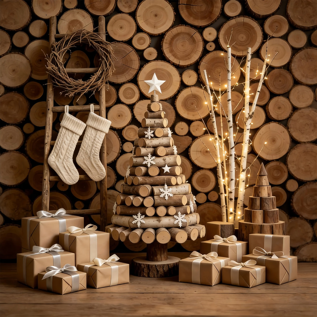 Rustic Christmas Backdrop Wood Log Wall Tree Display Christmas Muslin Backdrop GQ69-47