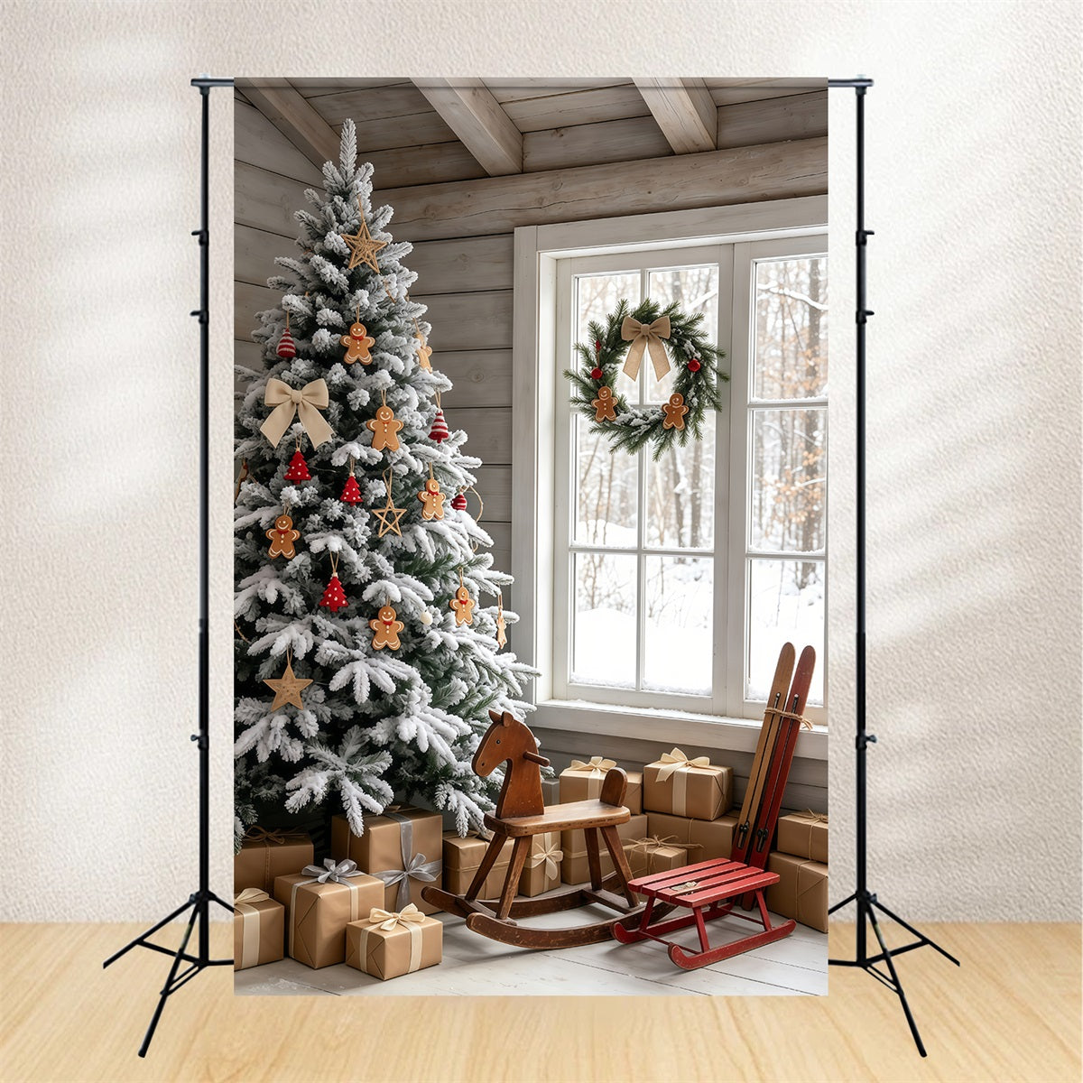 Christmas Cabin Backdrop Snowy Gingerbread Tree Room Christmas Indoor Backdrop GQ69-48