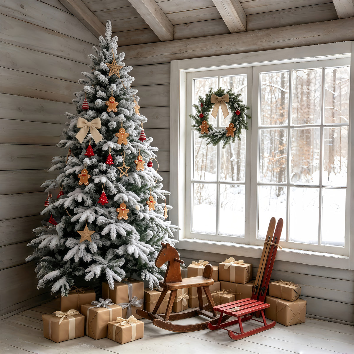 Christmas Cabin Backdrop Snowy Gingerbread Tree Room Christmas Indoor Backdrop GQ69-48