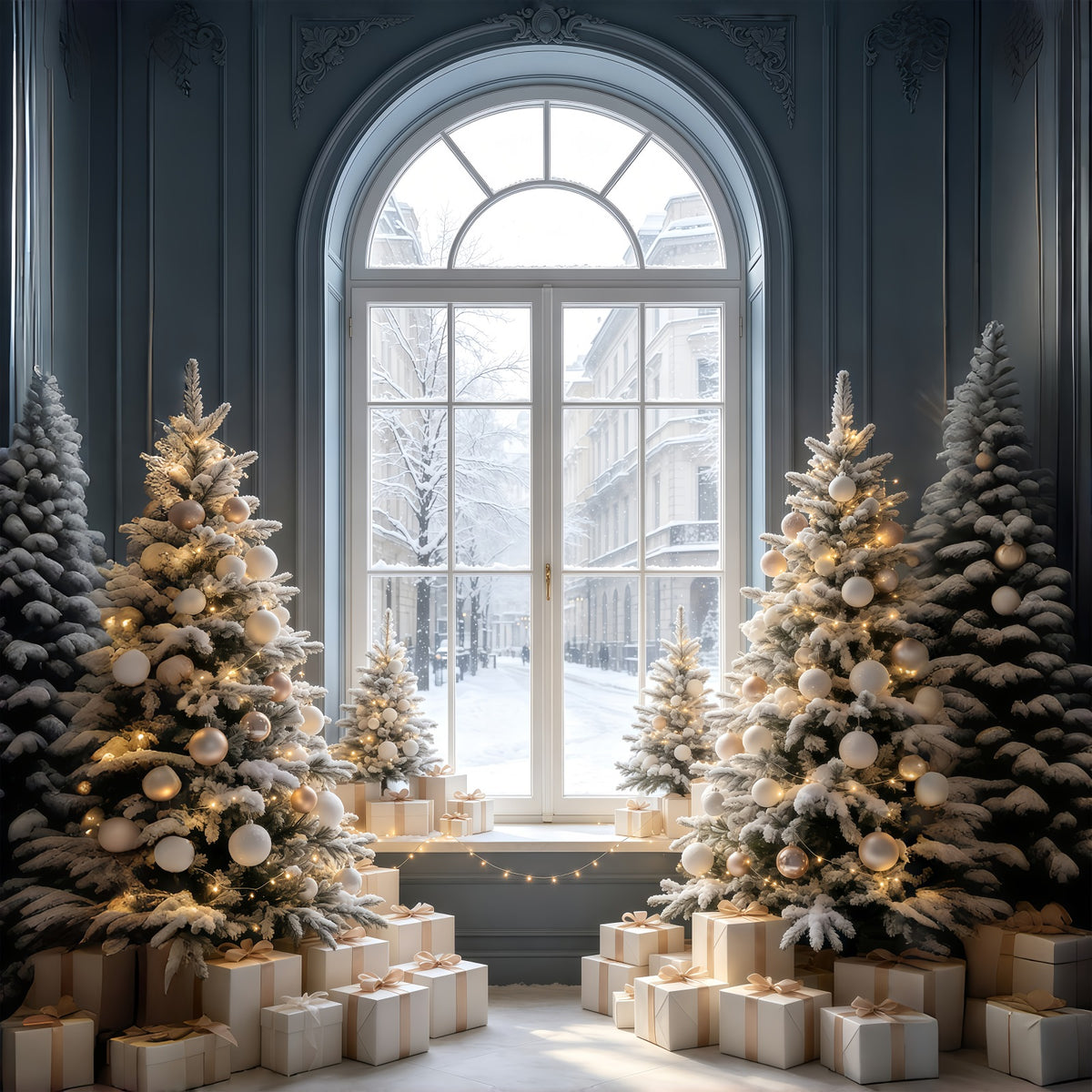 Christmas Window Backdrop Snowy Street View Tree Display Muslin Christmas Backdrop GQ69-52