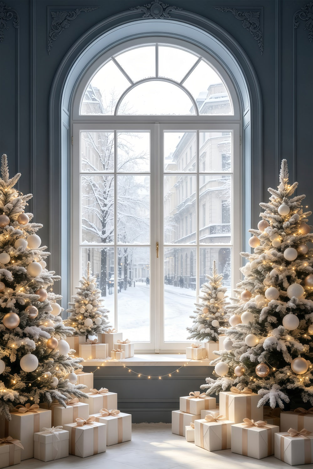 Christmas Window Backdrop Snowy Street View Tree Display Muslin Christmas Backdrop GQ69-52