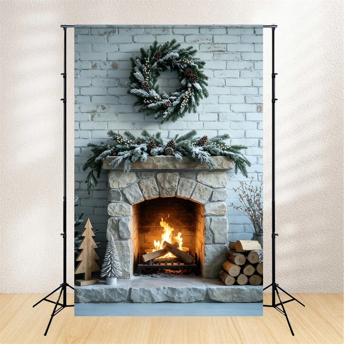 Christmas Fireplace Backdrop Frosted Garland Brick Wall Muslin Backdrop Christmas GQ69-53