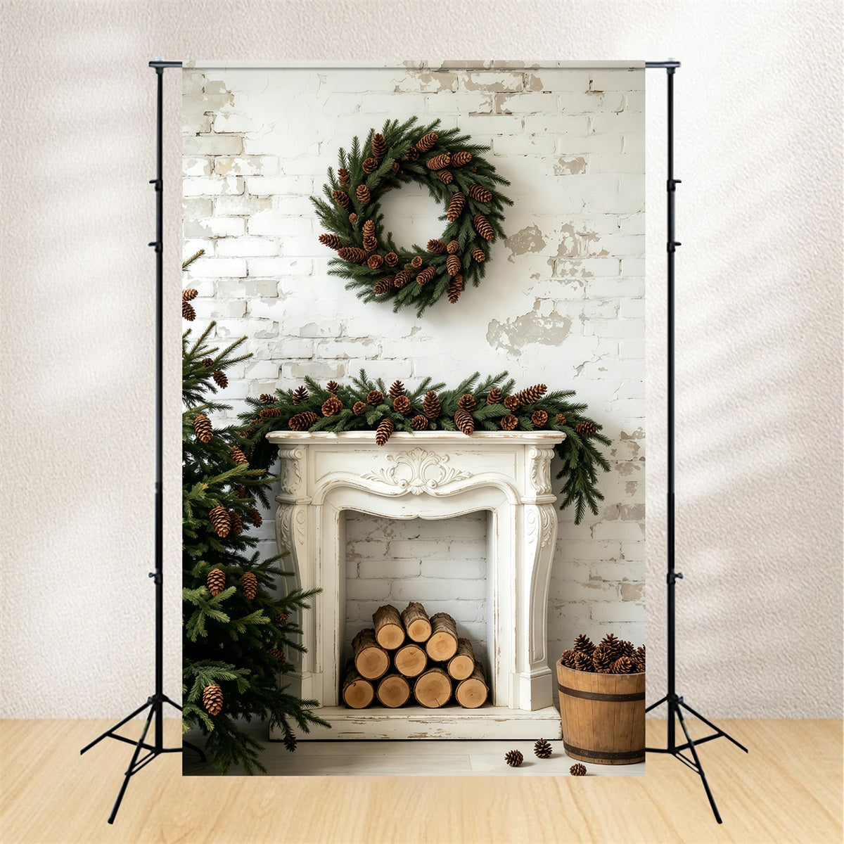 Christmas Wall Backdrop Pinecone Wreath Mantel Display Photographic Backdrops Christmas GQ69-54