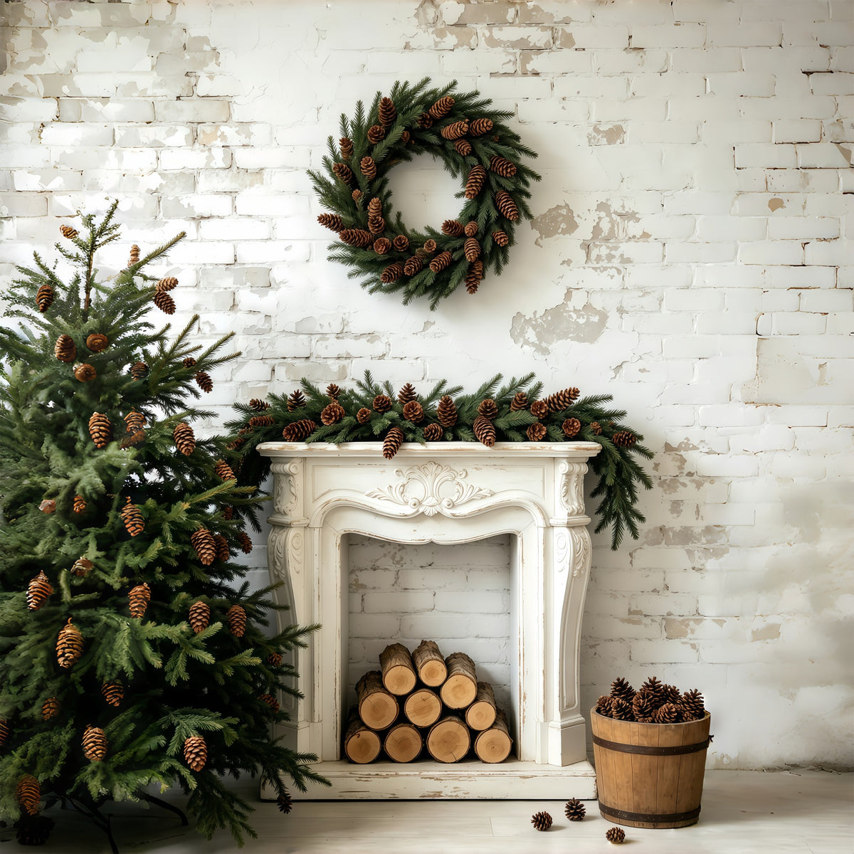 Christmas Wall Backdrop Pinecone Wreath Mantel Display Photographic Backdrops Christmas GQ69-54