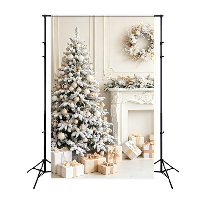 Elegant Christmas Backdrop Snowy White Tree Fireplace Room Christmas Backdrop GQ69-56