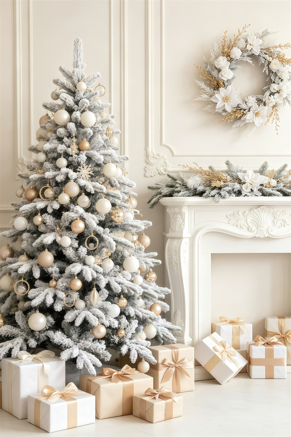 Elegant Christmas Backdrop Snowy White Tree Fireplace Room Christmas Backdrop GQ69-56