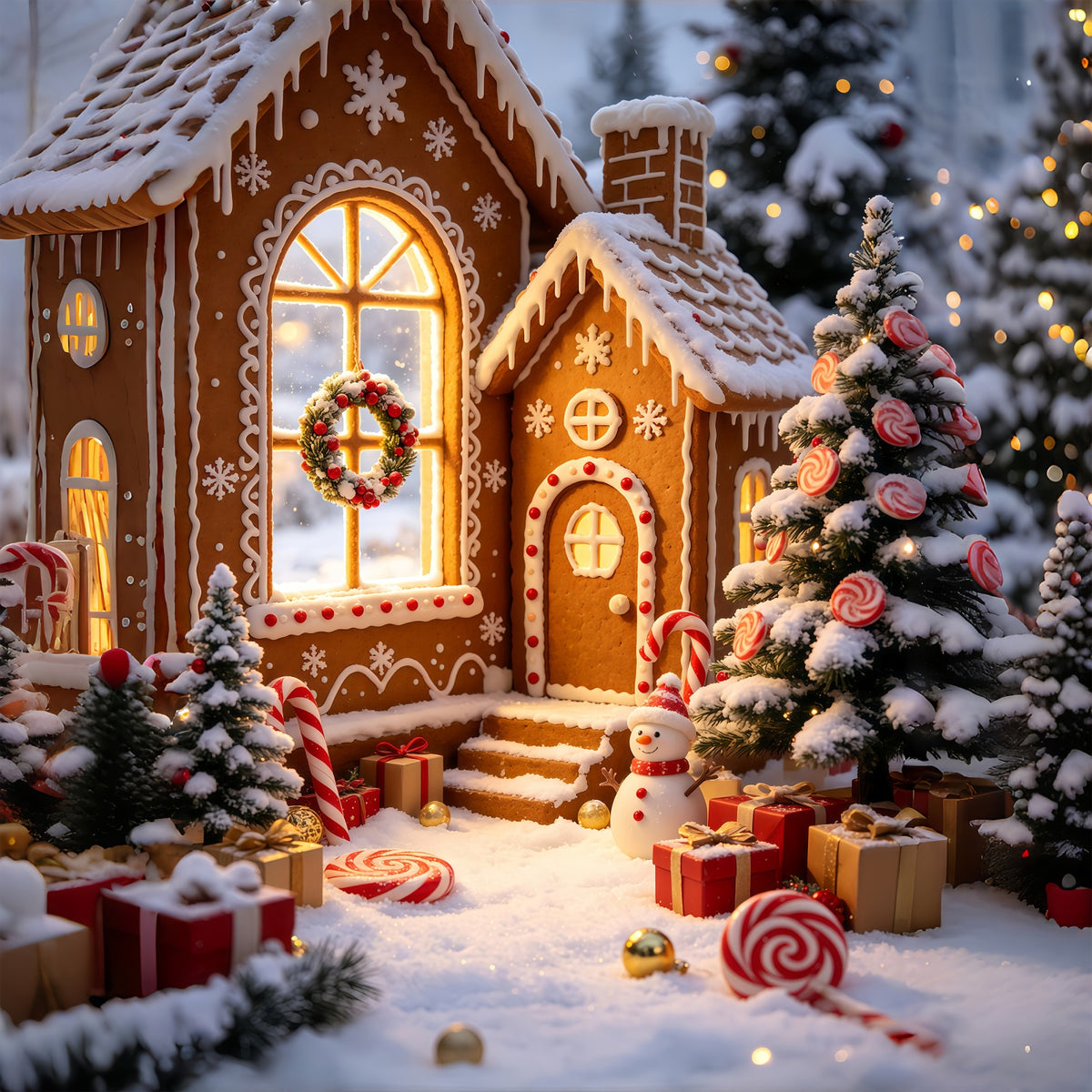 Gingerbread Christmas Backdrop Snowy Cottage Candy Village Christmas Backdrops GQ69-57