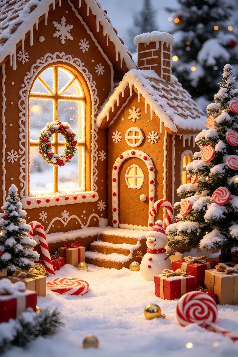 Gingerbread Christmas Backdrop Snowy Cottage Candy Village Christmas Backdrops GQ69-57
