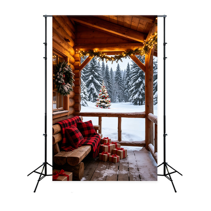 Country Christmas Backdrop Cozy Cabin Porch Forest View Christmas Photo Backdrop GQ69-58