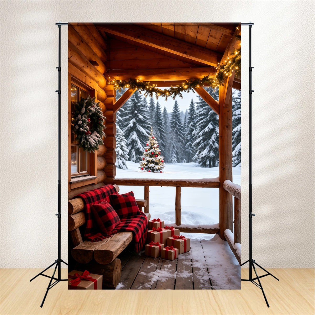 Country Christmas Backdrop Cozy Cabin Porch Forest View Christmas Photo Backdrop GQ69-58