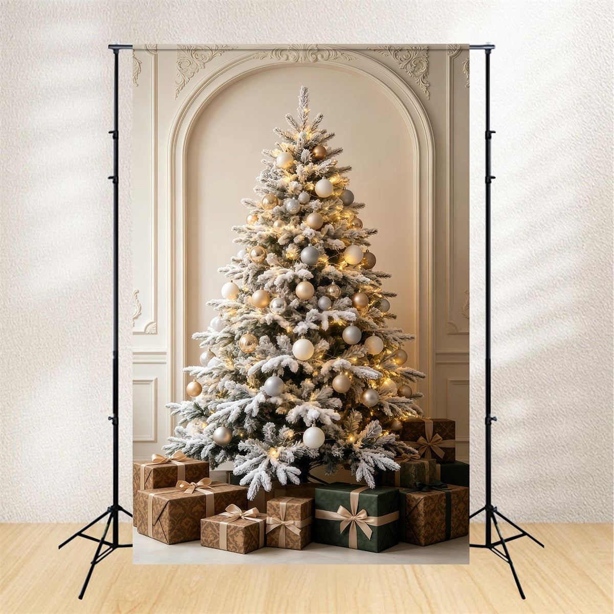 Christmas Ornament Backdrop Snowy White Tree Fireplace Room Backdrop Christmas GQ69-60