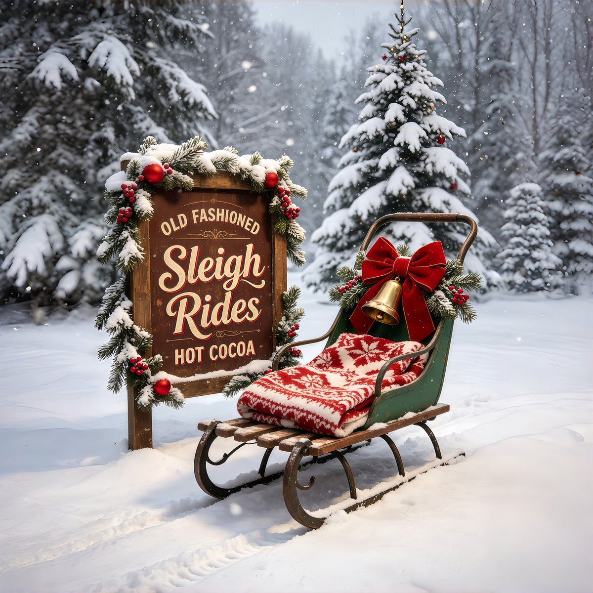 Christmas Sleigh Backdrop Vintage Library Tree Room Professional Christmas Backdrops GQ69-62