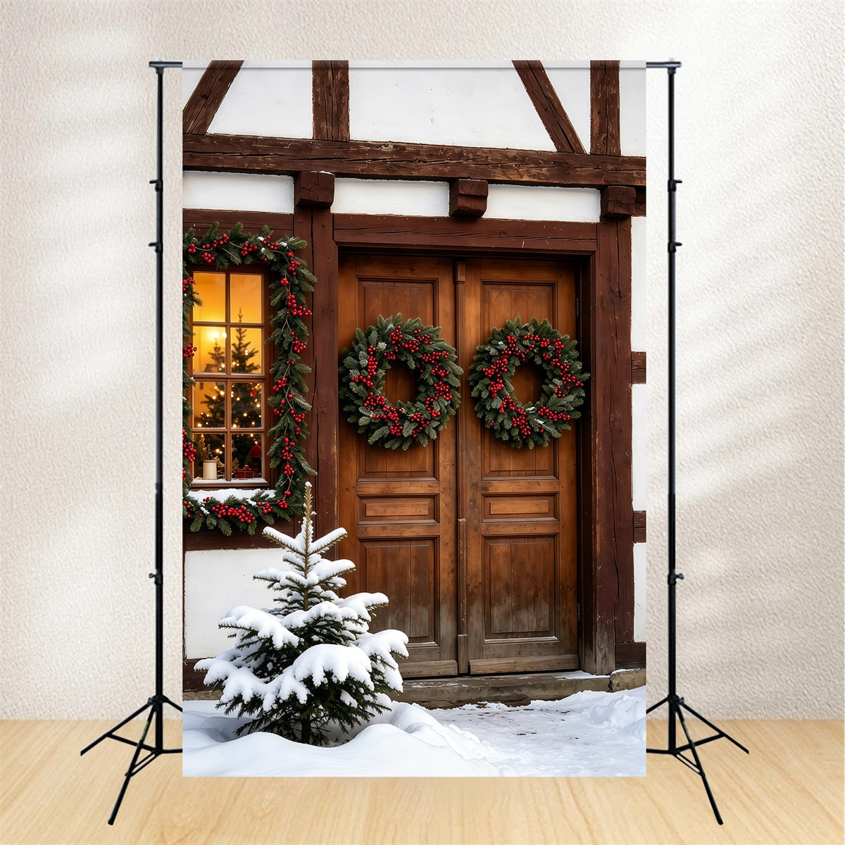 Christmas Wood Backdrop Snowy Sleigh Ride Display Christmas Photography Backdrops GQ69-63