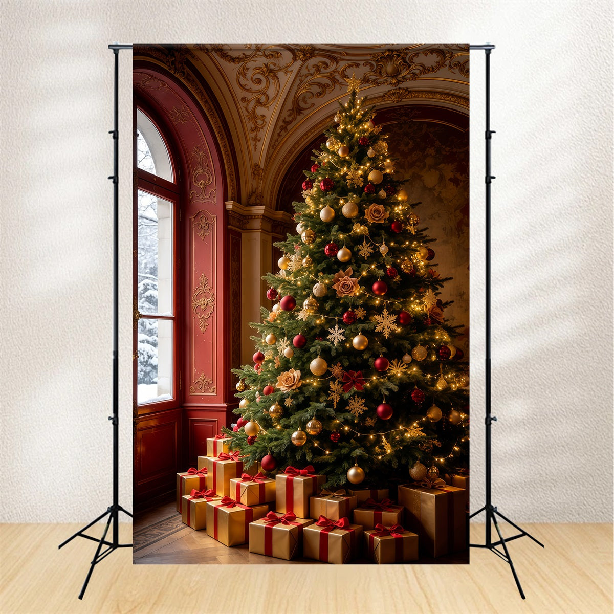 Victorian Christmas Backdrop Royal Red Hall Tree Large Christmas Backdrops GQ69-65
