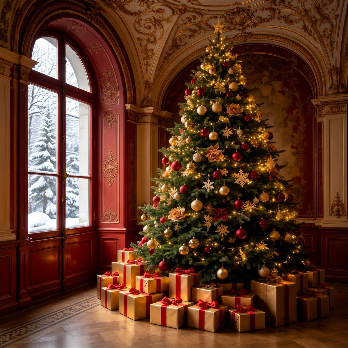 Victorian Christmas Backdrop Royal Red Hall Tree Large Christmas Backdrops GQ69-65