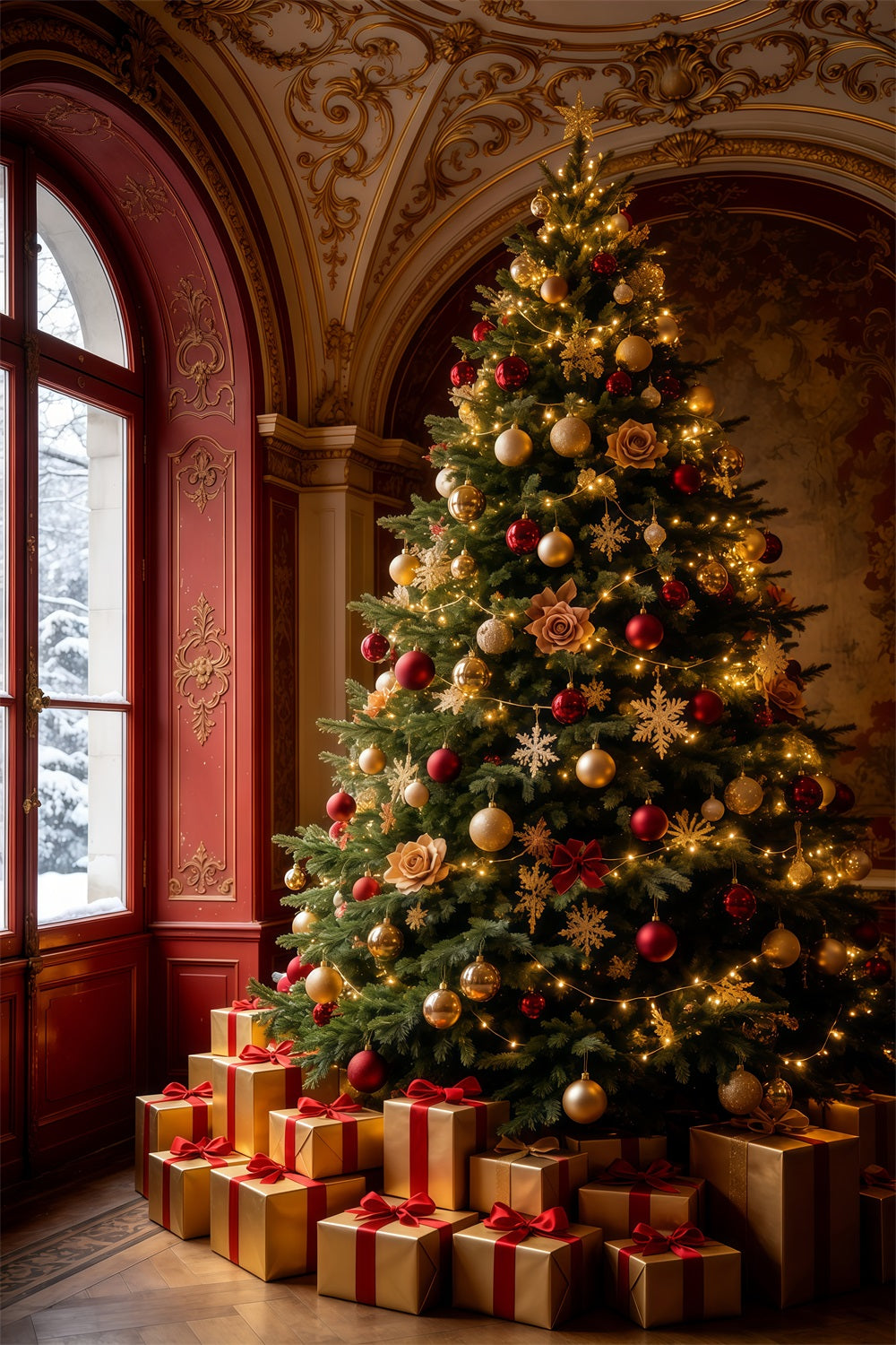 Victorian Christmas Backdrop Royal Red Hall Tree Large Christmas Backdrops GQ69-65