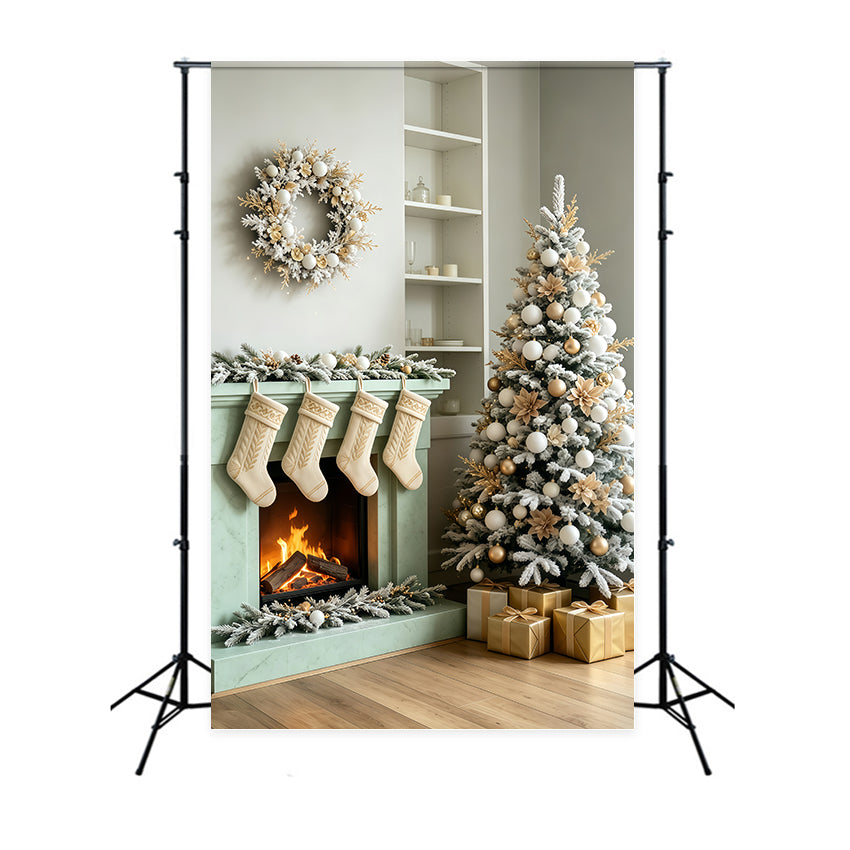 Christmas Room Backdrop Minimal White Fireplace Stockings Christmas Wall Backdrop GQ69-66
