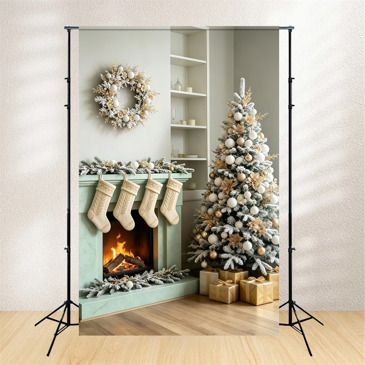 Christmas Room Backdrop Minimal White Fireplace Stockings Christmas Wall Backdrop GQ69-66