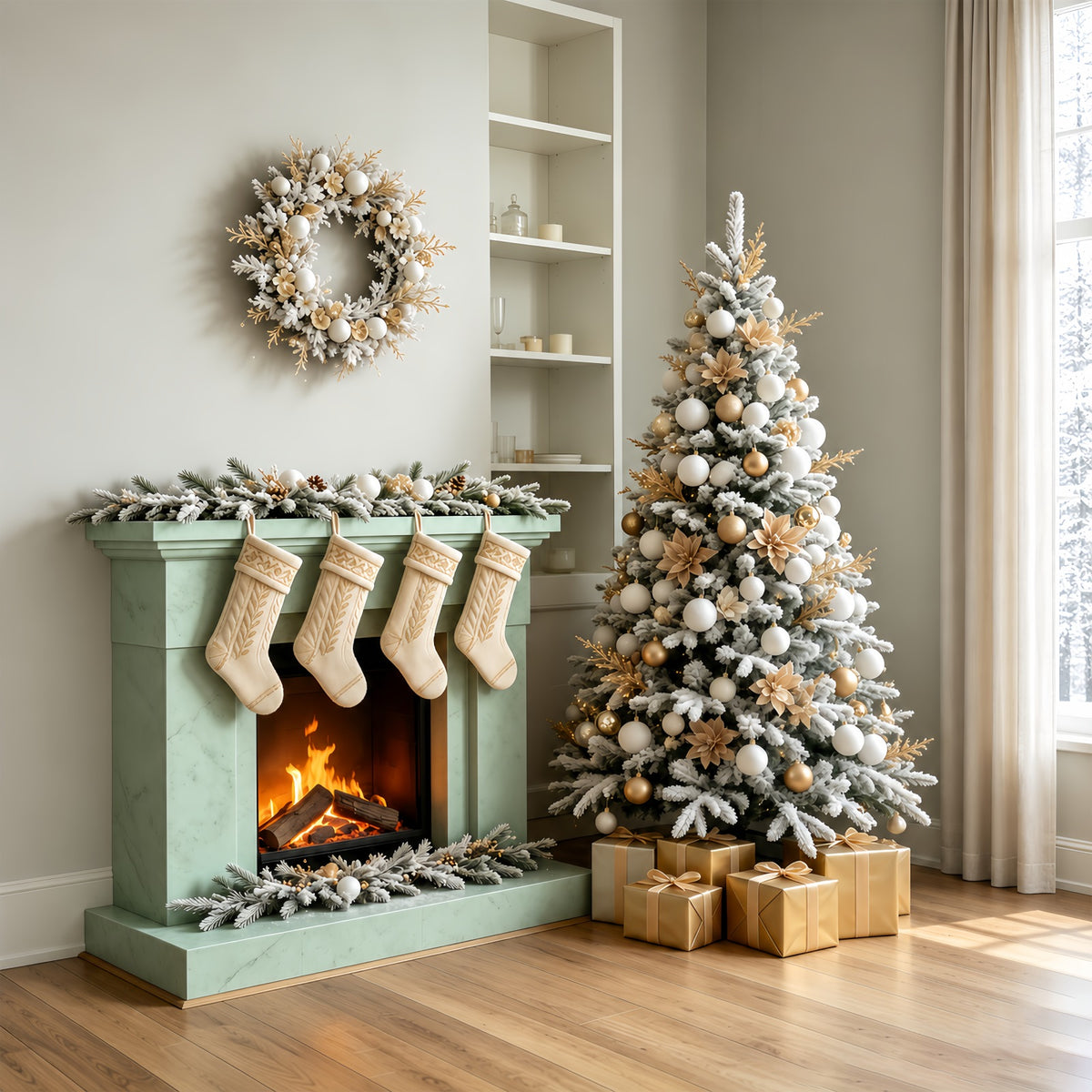 Christmas Room Backdrop Minimal White Fireplace Stockings Christmas Wall Backdrop GQ69-66