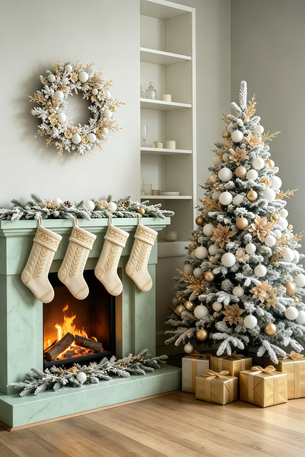 Christmas Room Backdrop Minimal White Fireplace Stockings Christmas Wall Backdrop GQ69-66