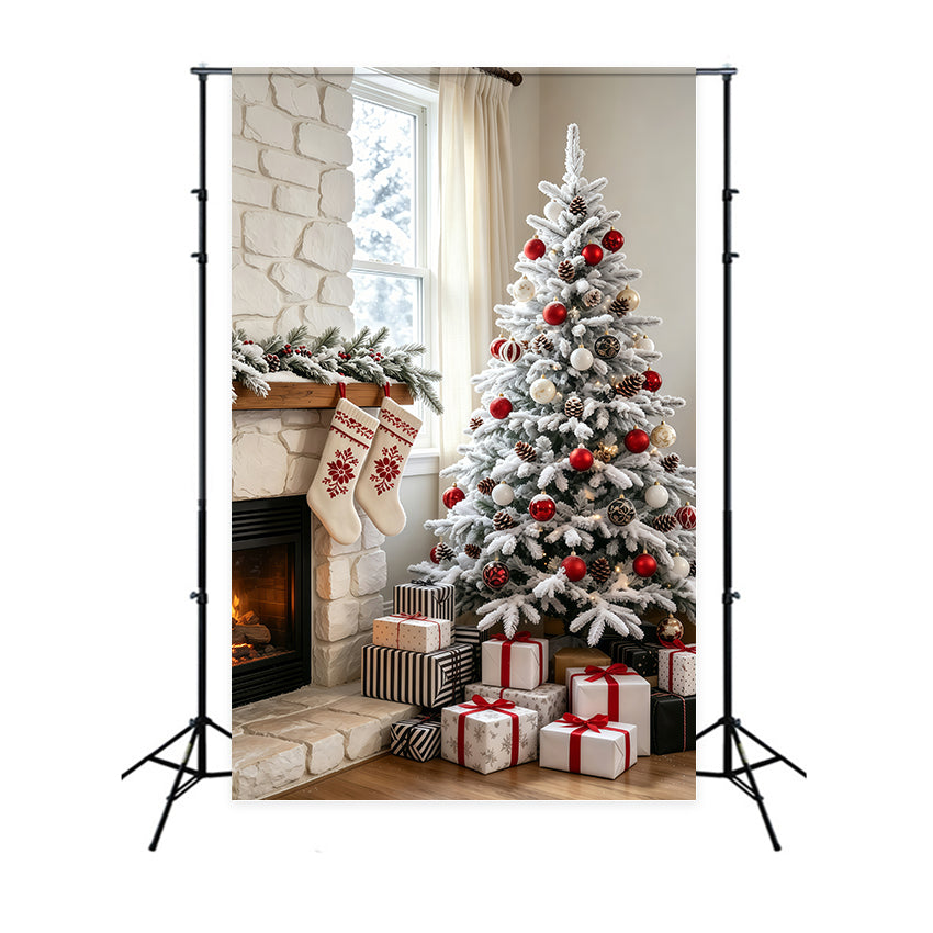 Christmas Living Room Backdrop Snowy Stone Fireplace Tree Photography Christmas Backdrops GQ69-67
