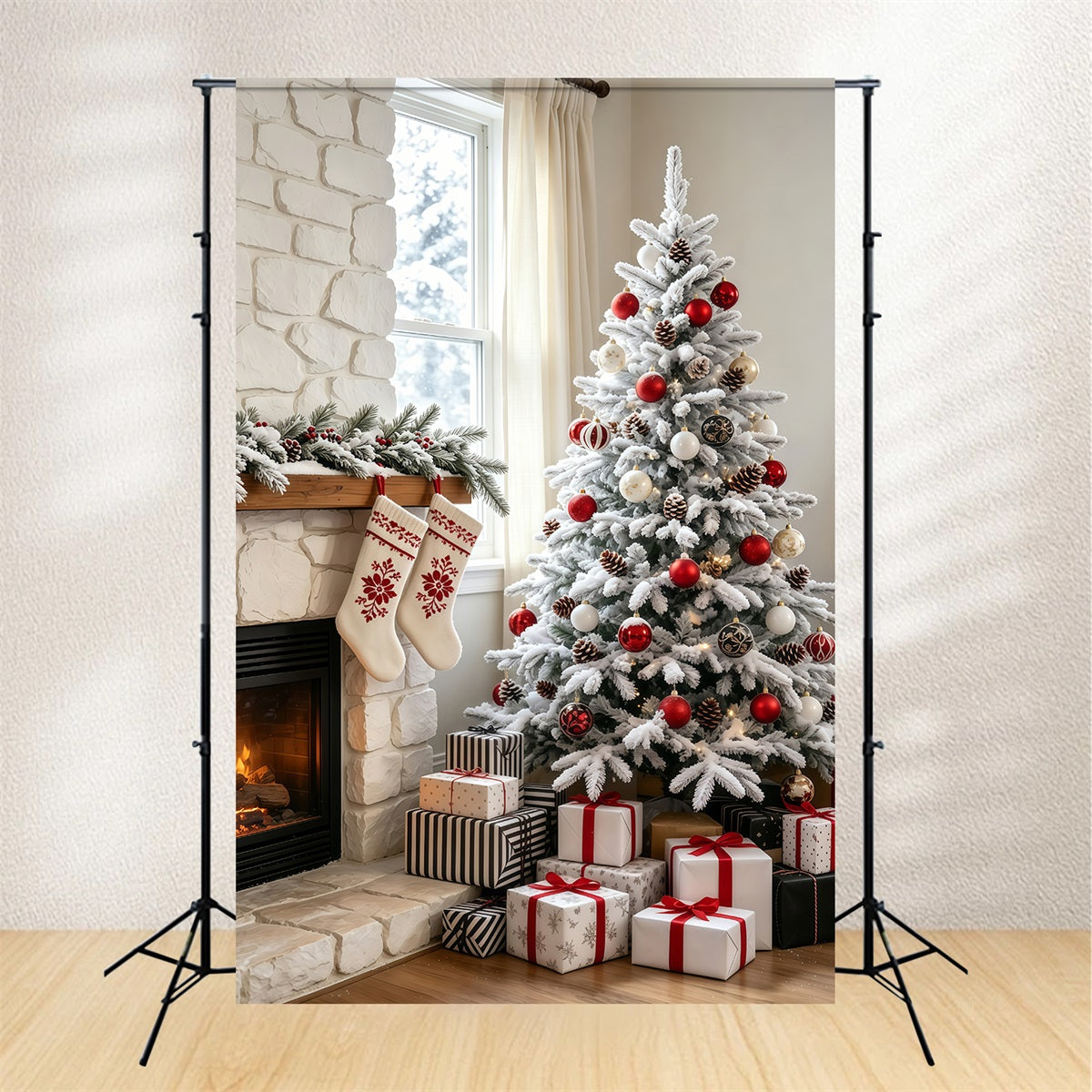 Christmas Living Room Backdrop Snowy Stone Fireplace Tree Photography Christmas Backdrops GQ69-67